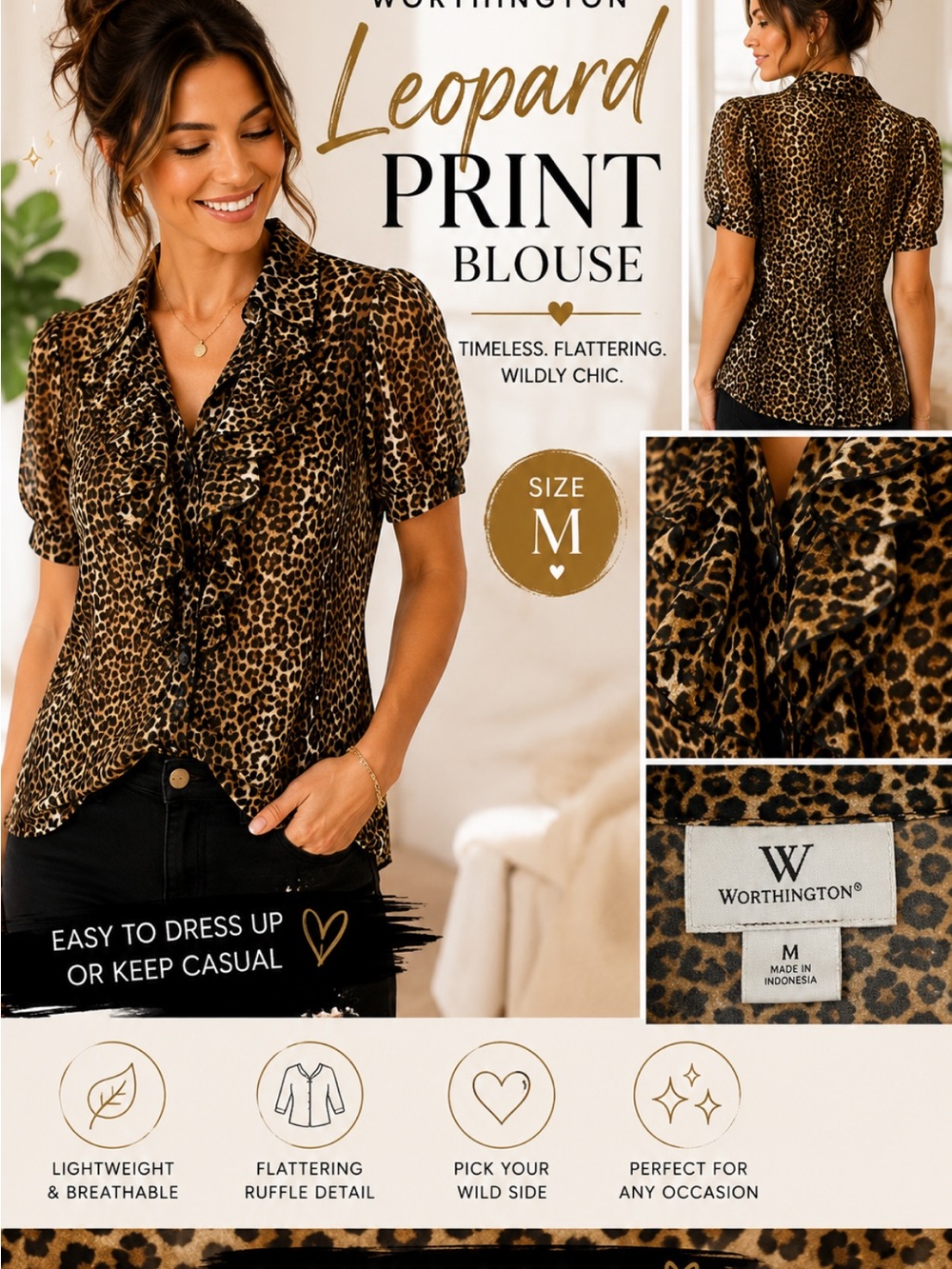 Worthington Leopard Print Ruffle Blouse - Brown & Black